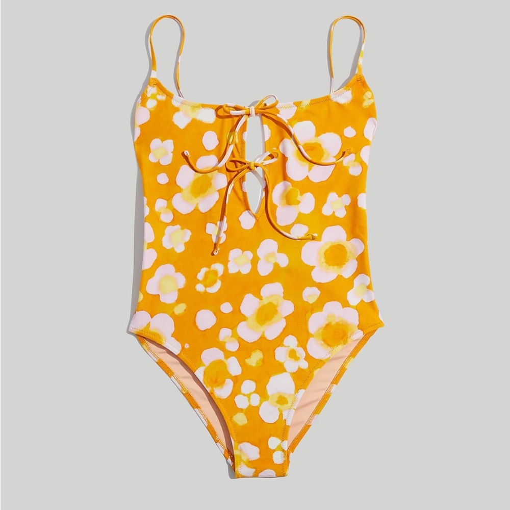 Madewell Second Wave Tie-Front One-Piece Swimsuit in Watercolor Floral Medium